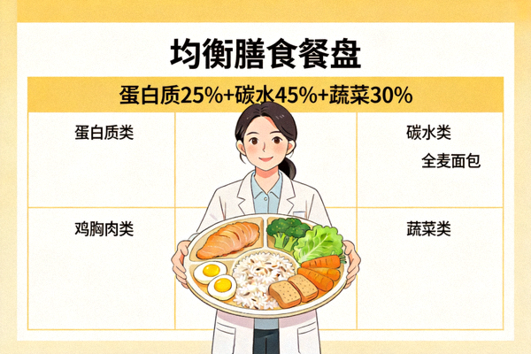 营养师展示均衡膳食餐盘包含蛋白质碳水化合物蔬菜